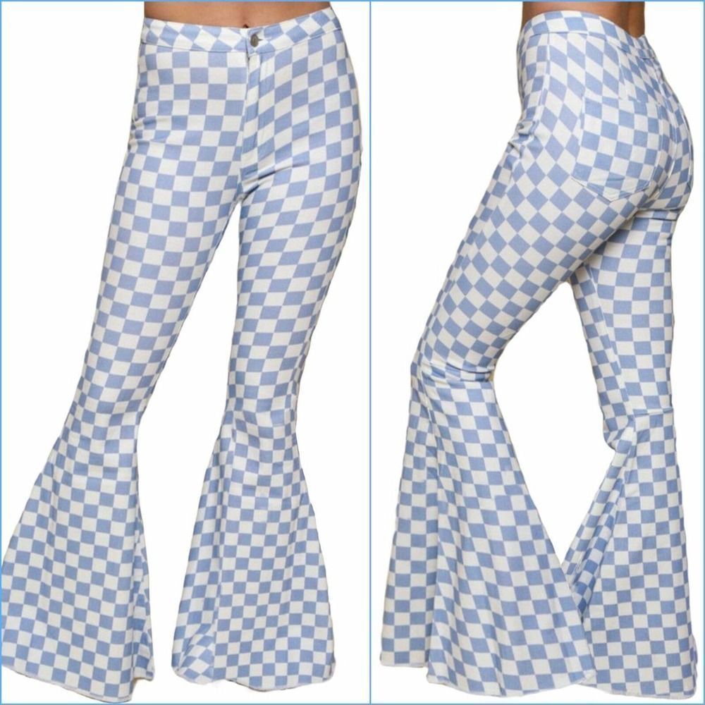 Dusty Blue Checkered Bell Bottom Jeans- sku: 9159